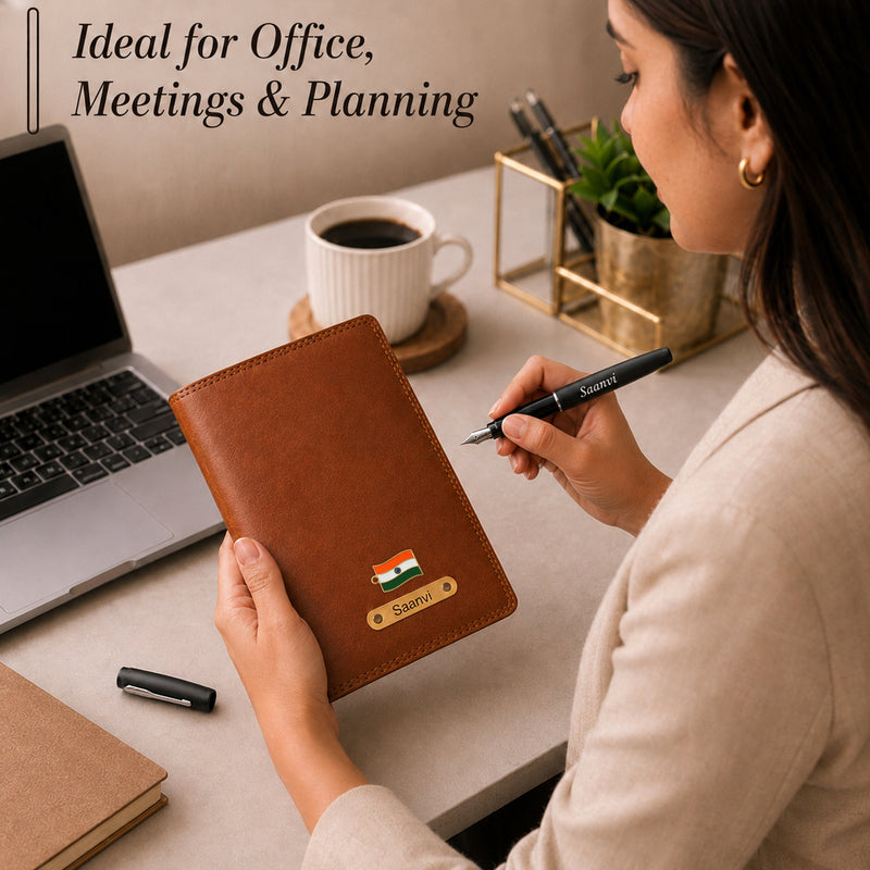 Customized Brown Diary & Branded Parker Fountain Pen Gift Set with Name Engraved.