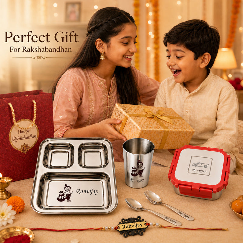 Customized Rakhi Gift Set | Custom Name Engraved 3 Compartment Steel Plate, Lunch Box & Foil Rakhi.