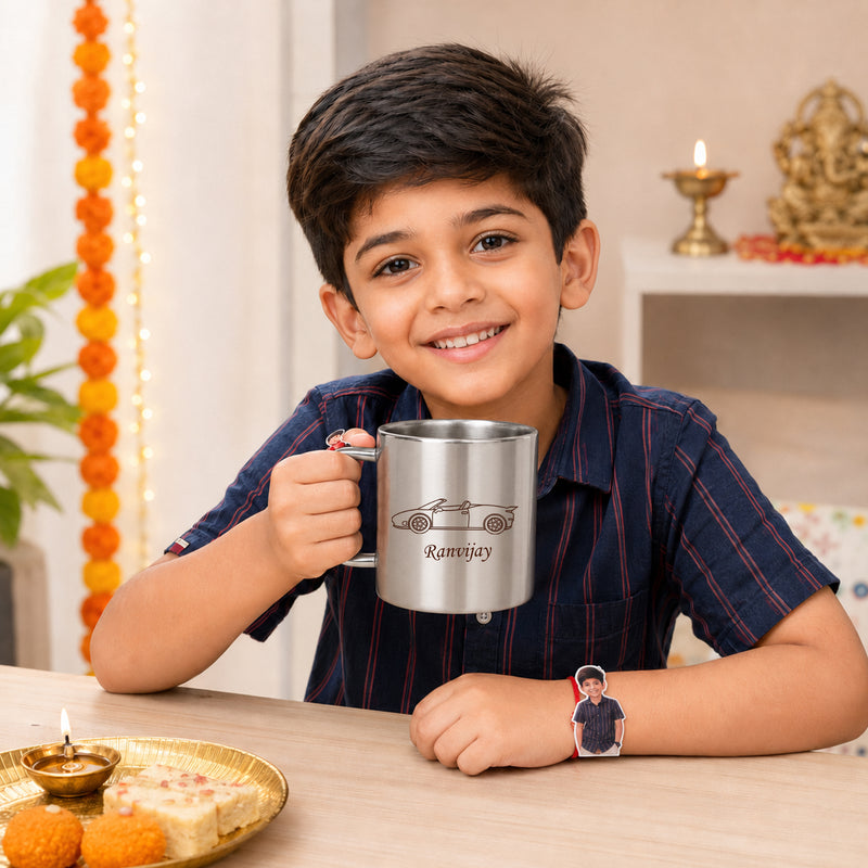 Customized Steel Mug with Name & Car Design Print and Customized Photo Caricature Rakhi.