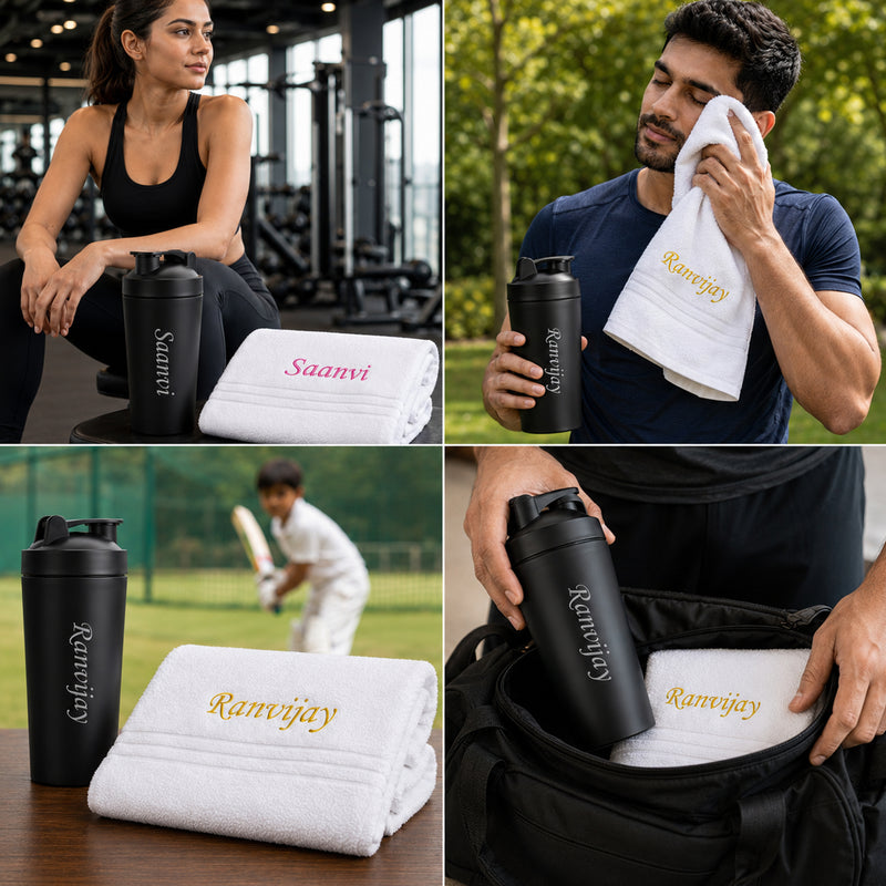 Customized Stainless Steel Gym Shaker & White Towel Combo set with Name| Best Gift for Gym Lover