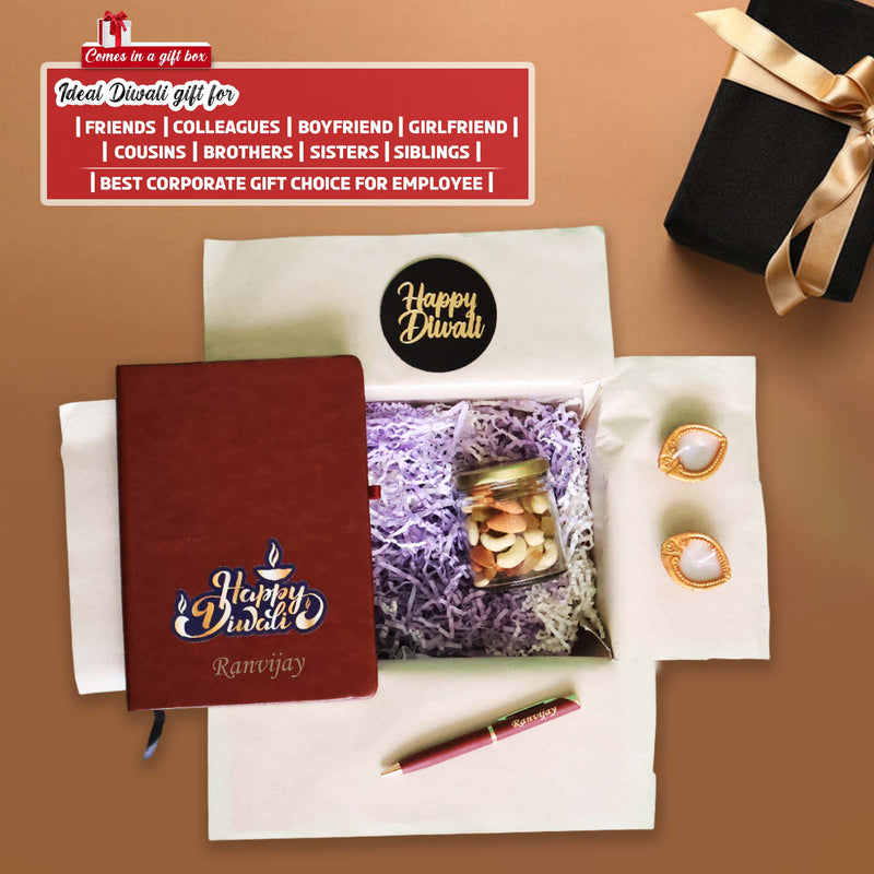 Personalized Diwali Gift Set – Leather Diary, Pen, Dry Fruit Jar & Diyas.