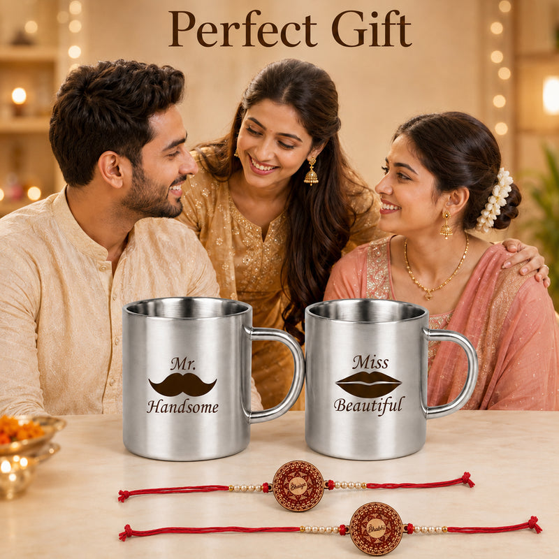 Couple Steel Mug Set of 2 with Rakhi Roli Chawal, Bhai Bhabhi Mug Set.