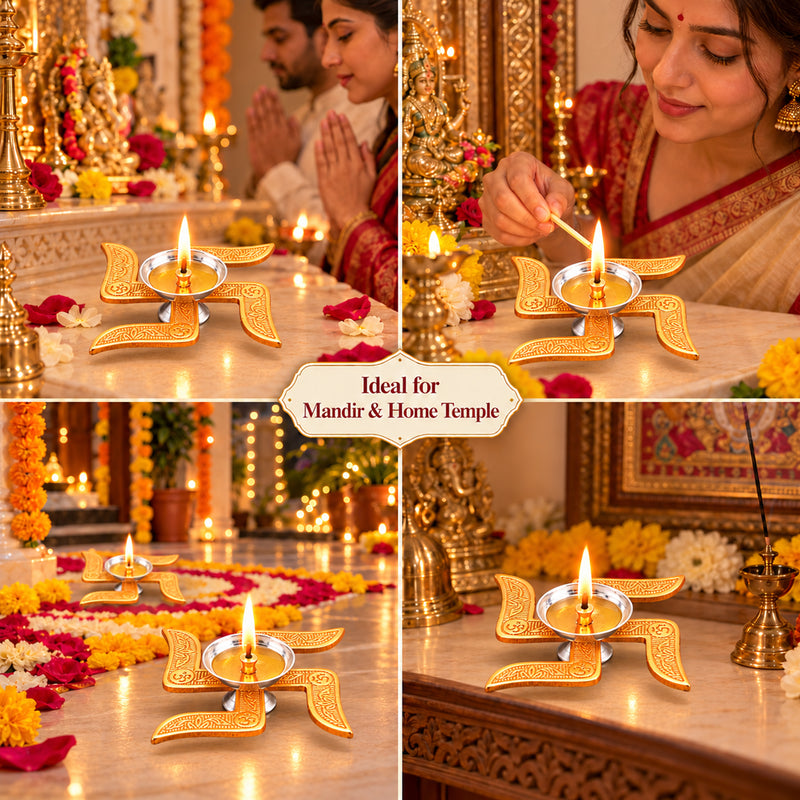 Gifts Brass Swastik Diya with Red Gift Box | Traditional Pooja Deepak for Diwali, Housewarming & Gifting