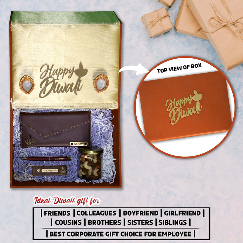 Diwali Gift Set for Female– Clutch, Pen, Keychain With Dry Fruits & Diyas.