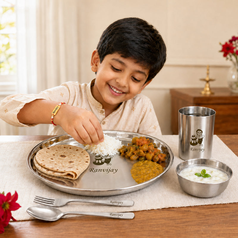 Customized Stainless Steel Kids Meal Set with Name Engraved Rakhi