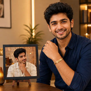 Customized Puzzle Photo Frame with Photo & Personalized Golden Chain Rakhi for Brother