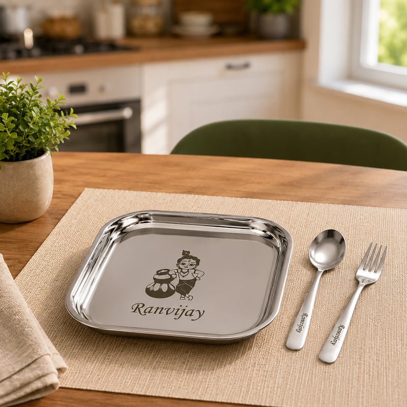 Kids Square Plate with Name & Cartoon Character Engraved