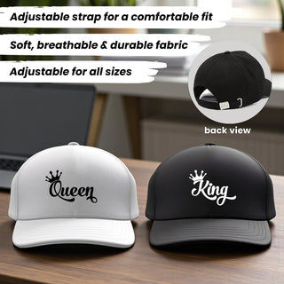 King & Queen Printed Couple Caps – Matching Hats for Couples (Set of 2)