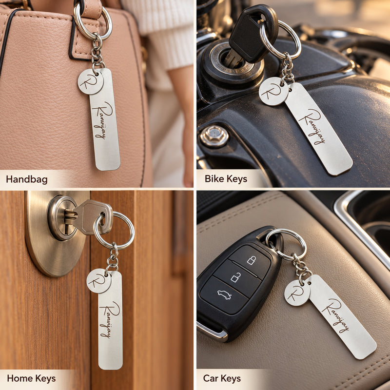 Personalized Initial Keychain | Stainless Steel Bar Key Ring with Round Letter Charm | Gift for Men & Women