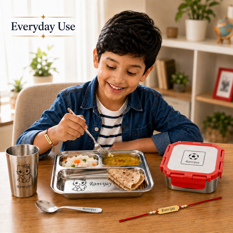 Customized Rakhi Gift Set | Custom Name Engraved 3 Compartment Steel Plate, Lunch Box & Foil Rakhi