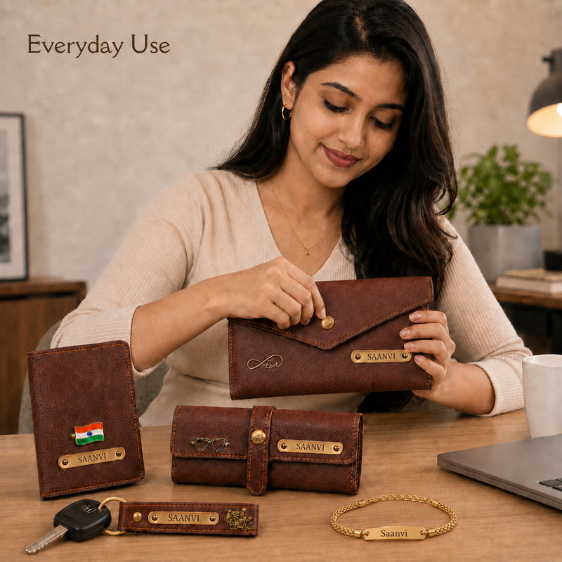 Customized Raksha Bandhan Gift for Sister | Customized Women’s Gift Combo Set 4 Pcs with Name Engraving & Golden Chain Rakhi