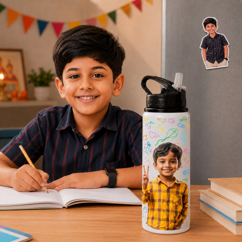Customized 750 ML Aluminium Sipper Bottle with Photo & Name Print and Photo Caricature Rakhi