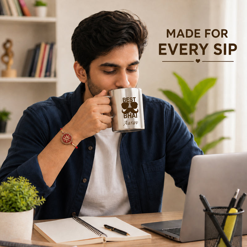 Customized Stainless Steel Mug with 'Best Bhai' Quote & design Engraved.