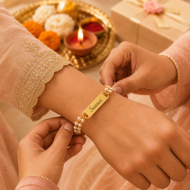 Customized Pearl Rakhi for Sister with Name | Personalized Pearl Rakhi for Girls & Women | (Pack of 2)