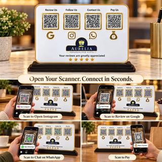 4-in-1 QR Code Standee 10×7 Inch Horizontal|Acrylic Google Review, Instagram, WhatsApp & UPI Payment