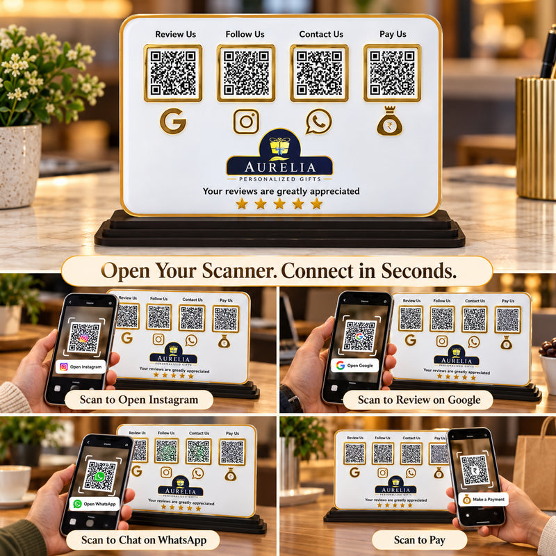 4-in-1 QR Code Standee 10×7 Inch Horizontal|Acrylic Google Review, Instagram, WhatsApp & UPI Payment