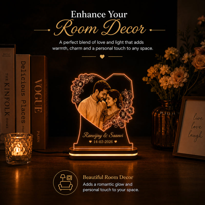 Personalized Heart LED Photo Lamp 6x8 Inch – Customized Engraved Acrylic Night Light for Couples