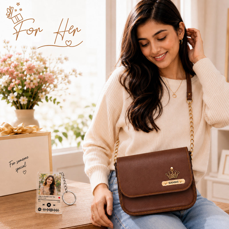Customized Leather Sling Bag with Name & Charm and Spotify Photo Keychain with Favourite Song | Personalized Rakhi Gift for Sister