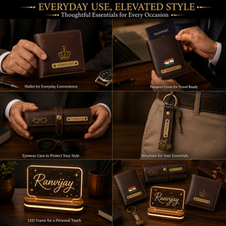 Customized Men's Gift 5 Pcs Combo Set with Leather Combo 4 Set and a Led Acrylic Name Frame.