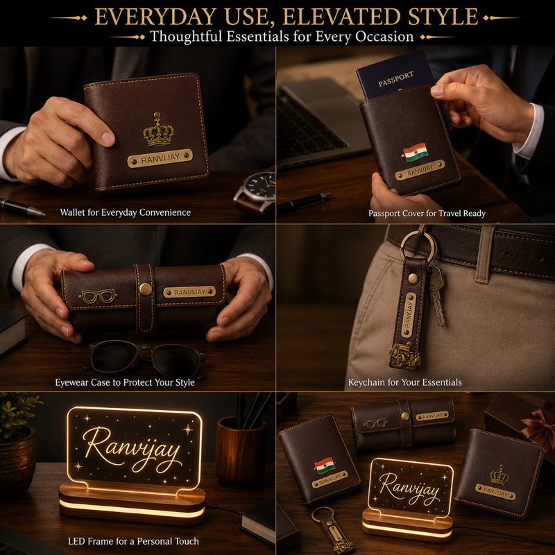 Customized Men's Gift 5 Pcs Combo Set with Leather Combo 4 Set and a Led Acrylic Name Frame.