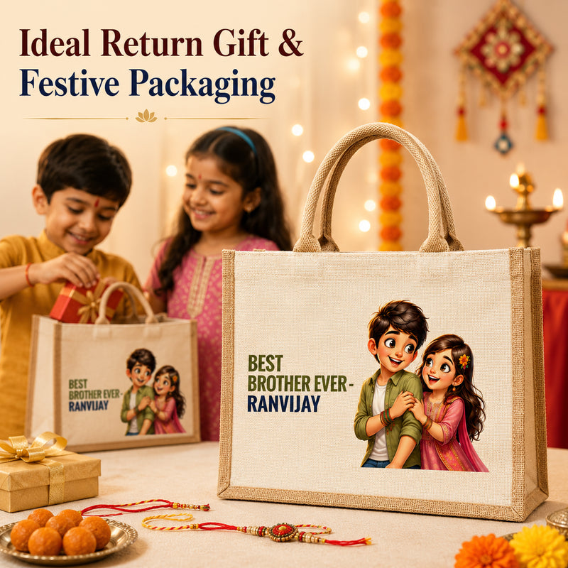 Customized Raksha Bandhan Jute Gift Bag with Name, Message or Quote | Customized Best Brother Gift Bag (Pack of 2)