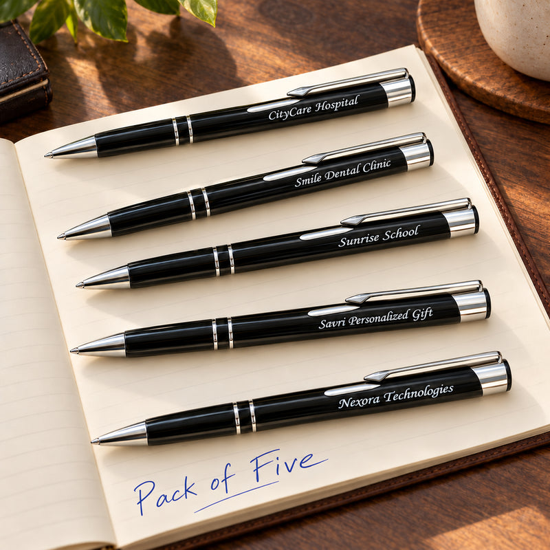 Personalized Metal Ballpoint Pens with Company Name Printed | Black Pen Pack of 5 | Refillable Corporate Pens