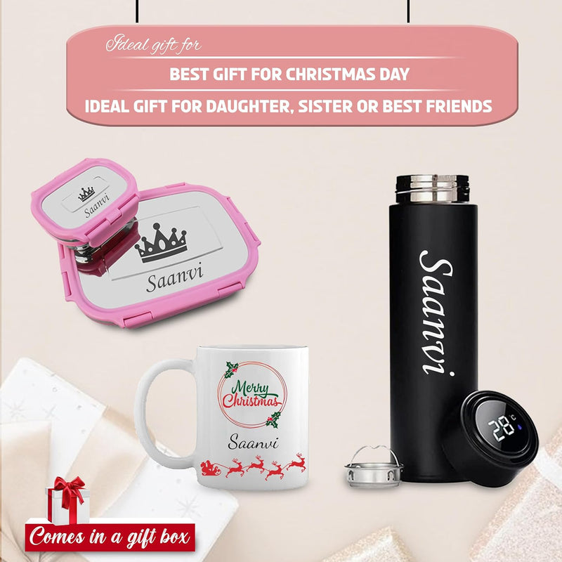 Christmas Gift Set For Female:- Coffee Mug , Black Bottle, Lunch Box