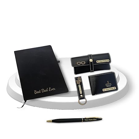 Pen, Black Diary, Men's Wallet, EyewearCase, & Keychain.