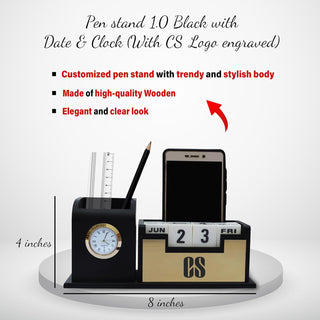 CS Gift Set – Engraved Pen & Pen Stand with Clock