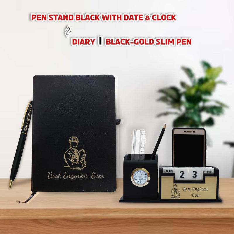 Combo Gifts – Pen Stand, Slim Pen & Diary with 'Best Engineer Ever' Engraved