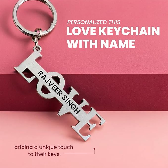 "Stainless Steel Love Symbol Keychain with Custom Name Engraving – A Perfect Token of Affection!"