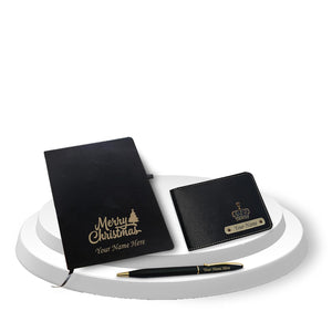 Christmas Combo for Men- Engraved Pen, Black A5 Diary, Leather Wallet