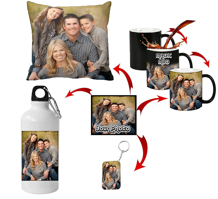 Gift Combo of Magic Mug,Keychain,Cushion Cover,Water Bottle with Your Photo.