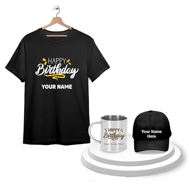 Custom Black Cap, T-Shirt,and Steel Mug