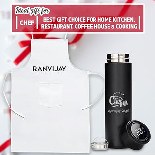 Chef's Custom Gift Combo - White Apron & Steel Bottle with Logo.