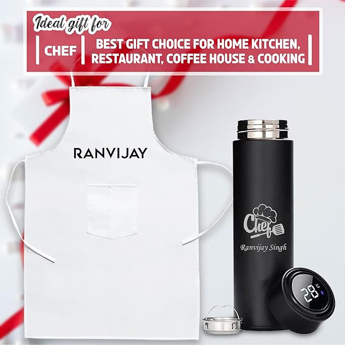 Chef's Custom Gift Combo - White Apron & Steel Bottle with Logo.