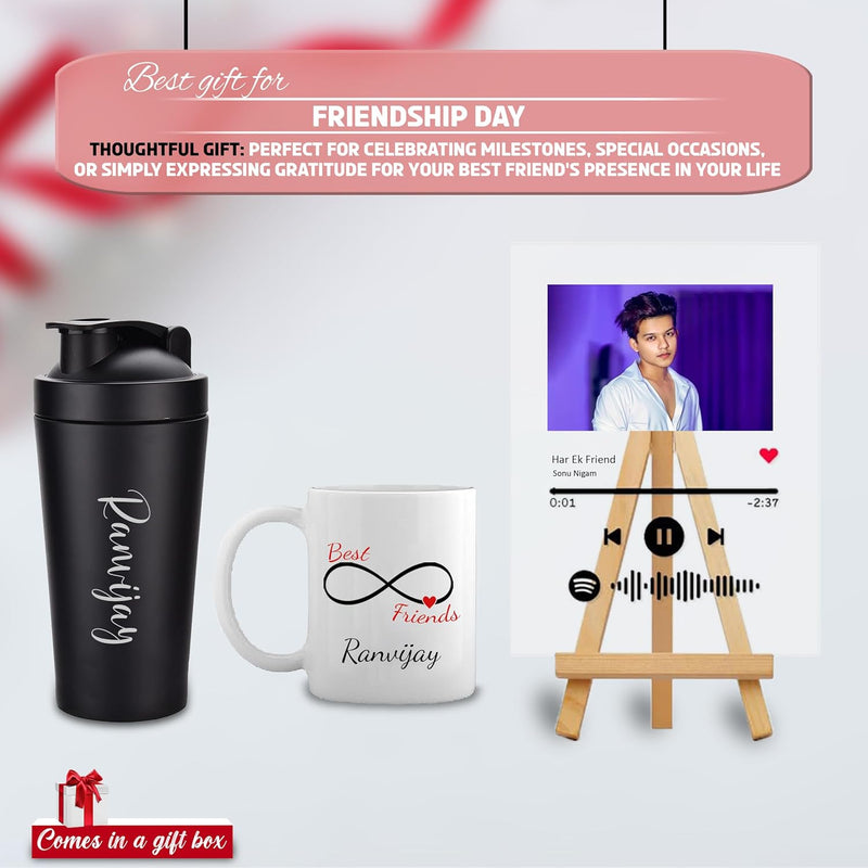 Friendship Day Gift Set - Custom Mug, Spotify Frame, Name Gym    Shaker