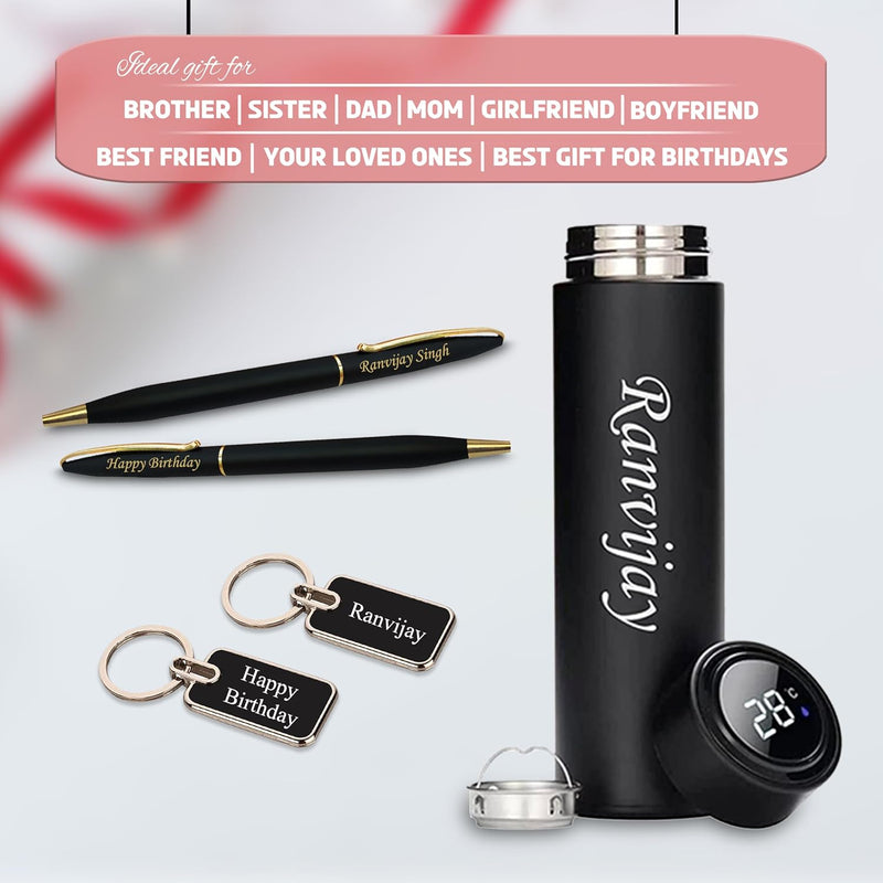 Bottle, Black Gold Slim Pen, Metal Keychain Combo