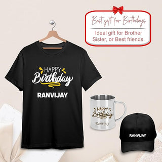 Kids' Birthday Gift Combo - Custom Cap, T-Shirt, & Steel Mug.