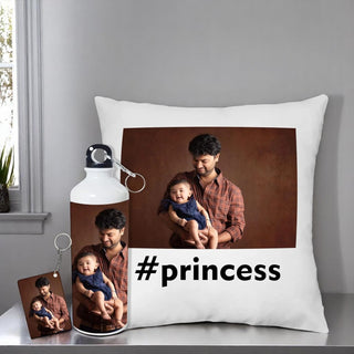 Personalized Gift Combo of Photo Printed- Cushion Cover, Keychain & Water Bottle