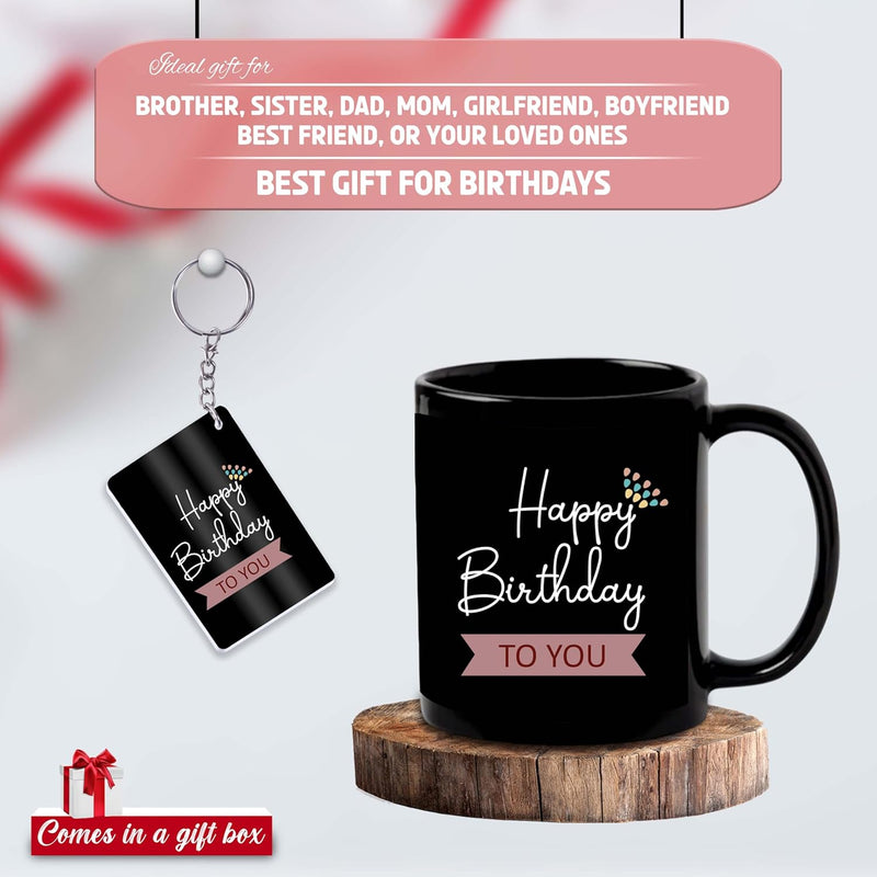 Black Ceramic Birthday Theme Mug & Keychain.