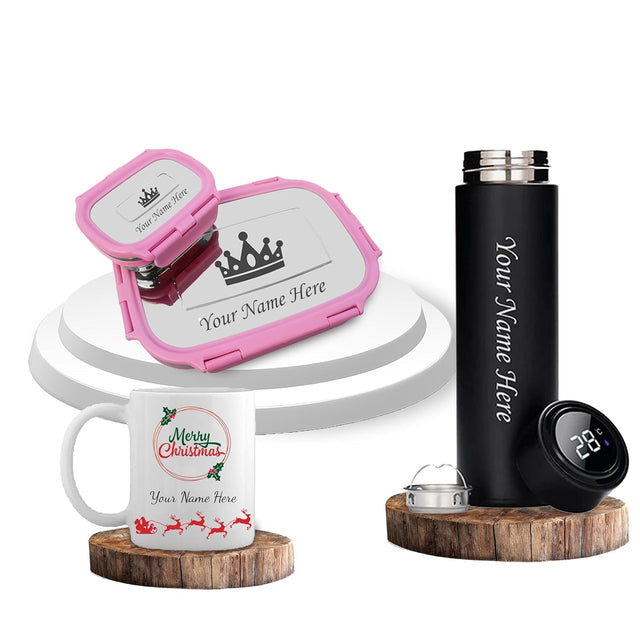 Christmas Gift Set For Female:- Coffee Mug , Black Bottle, Lunch Box