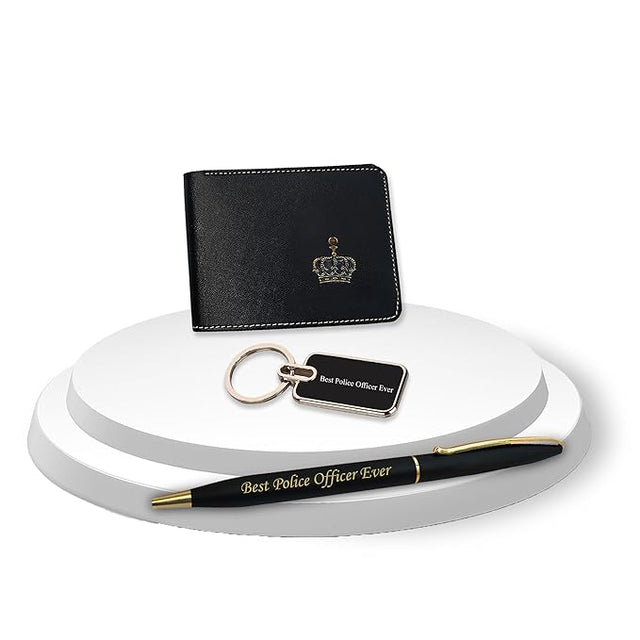 "Gifts Police Set (Male) – Engraved Keychain, Pen & Wallet with King Charm"