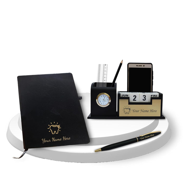 Dentist Professional's Set- Black-Gold Slim Pen, Pen Stand 1.0 with Date & Clock (Dentist Logo), and A5 Black Diary