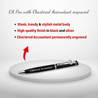 Chartered Accountant Gift Set – Black-Gold Pen & CA Logo Pen Stand.