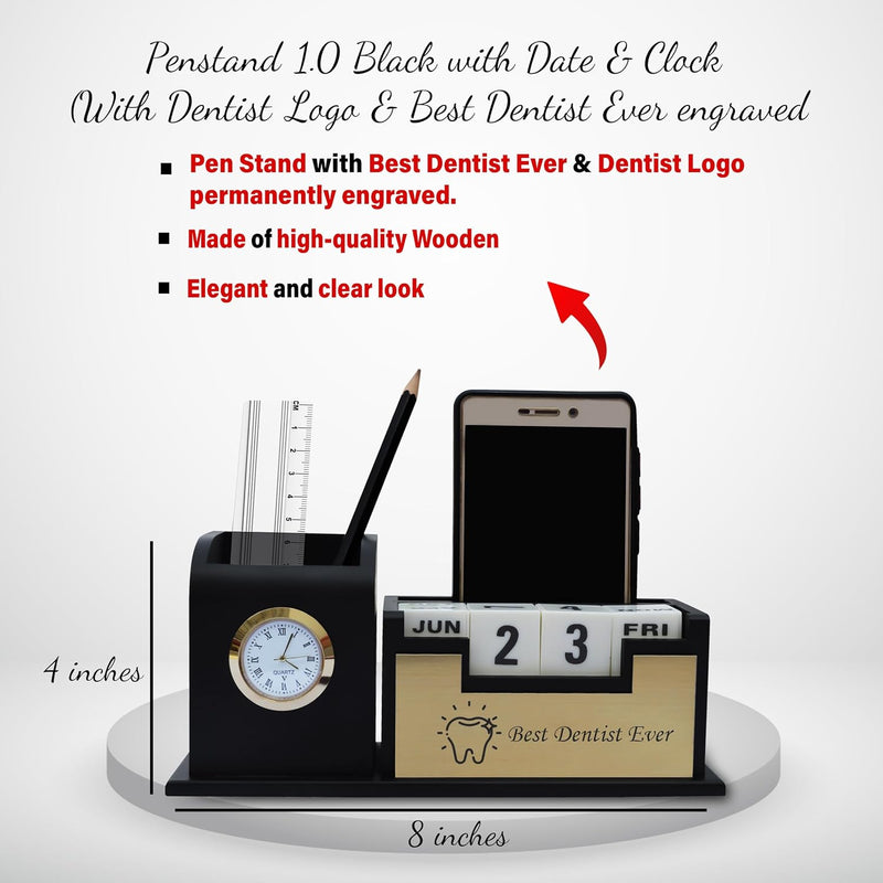 Black-Gold Pen & Pen Stand with ‘Best Dentist Ever’ Engraving – Perfect Gift for Dentists