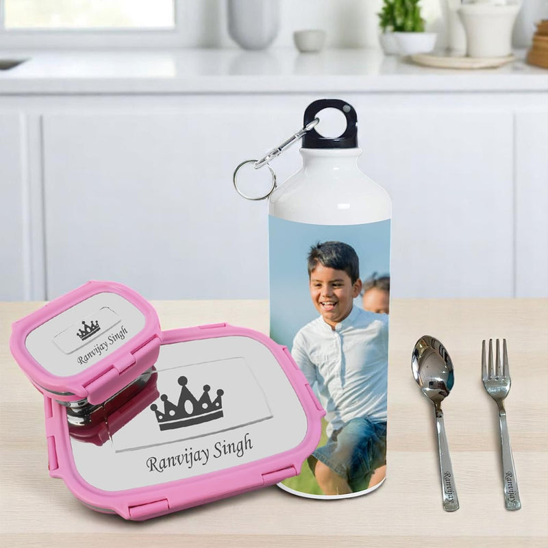 Kids Combo: Photo Bottle & Name Engraved Steel Lunch Box.