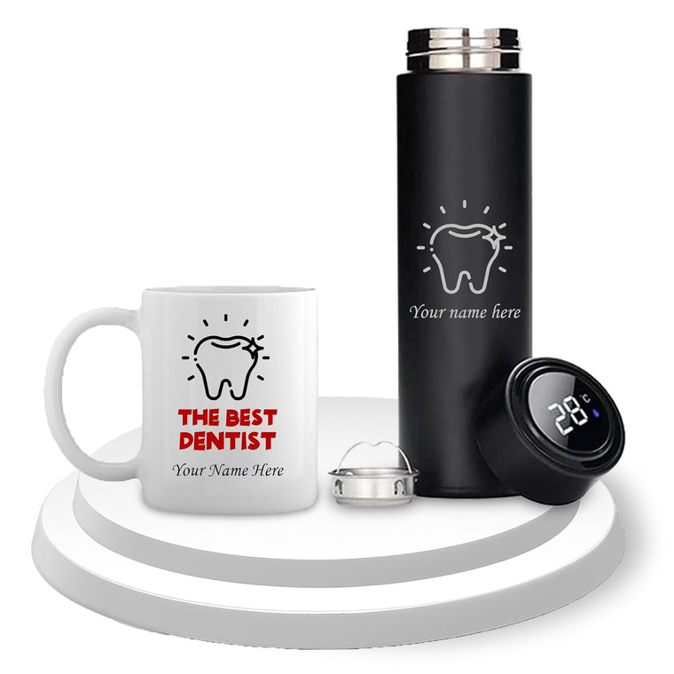 Dentist Combo-Stylish Black Bottle with Dentist Logo & Dental Theme Coffee Mug.