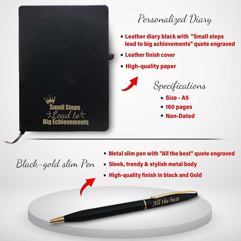 Premium Executive Corporate Set - Pen, Pen Stand, Black A5 Diary with Quote Engraved.