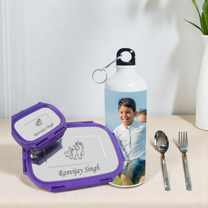 Kids Combo: Photo Bottle & Name Engraved Steel Lunch Box.